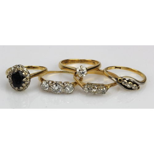 924 - Five yellow gold (tests 18ct) rings, stones include diamond and sapphire, finger sizes K/Lx4, L/M, a... 