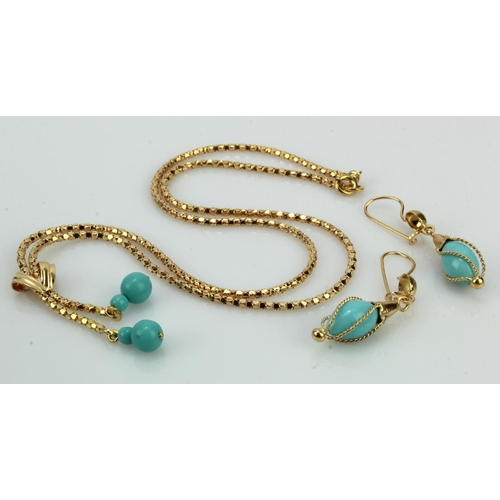 931 - Yellow gold (tests 18ct) necklace and earrings, lariat style necklace length 18