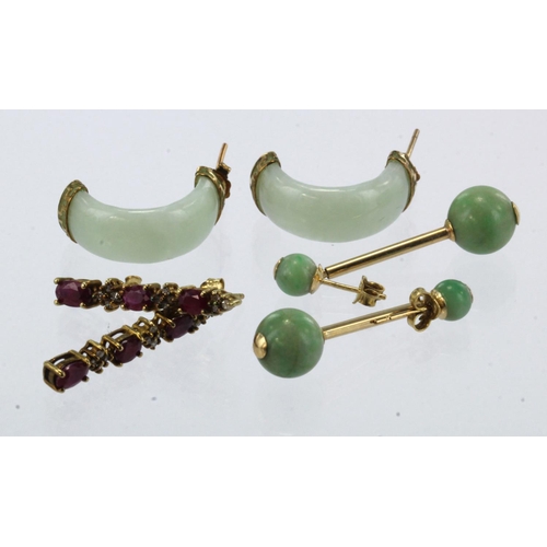 935 - Three pairs of 9ct gold/tests 9ct gem set earrings, stones include diamond, ruby, jadeite jade, post... 