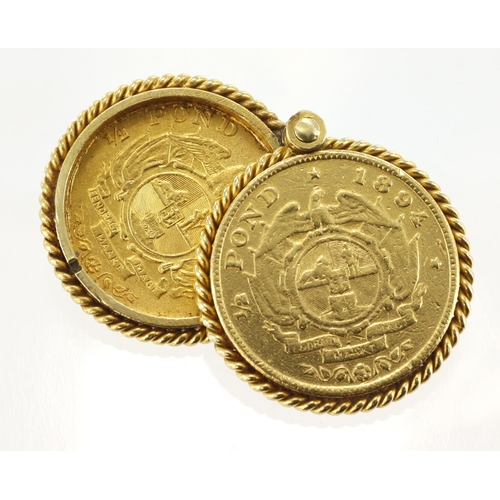 939 - Yellow metal (tests 18ct) double swivel pendant set with two South African half Pond coins both date... 