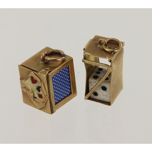 940 - Two 9ct gold novelty charms, incased dice charm and enamelled deck of cards, total weight 3.5g.