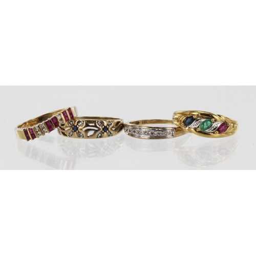 943 - Four 9ct yellow gold gem set rings, stones include diamond, ruby, sapphire, emerald, finger sizes N ... 