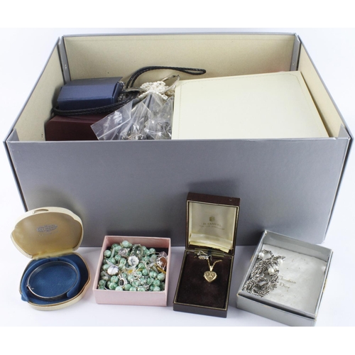 945 - Silver box of assorted mainly costume jewellery, some silver noted, viewing recommended.