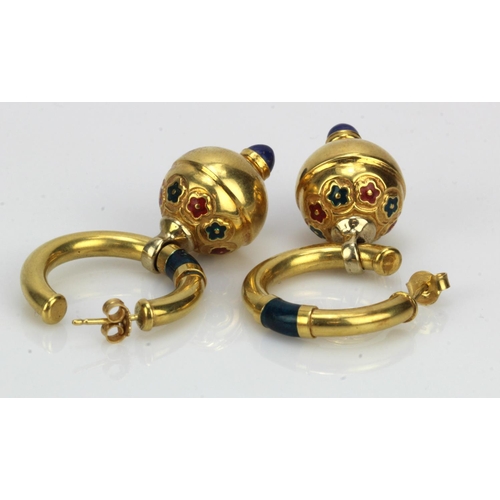 947 - Pair of yellow gold (tests 18ct) hoop earrings, with hanging ball pendant each set with enamelled de... 