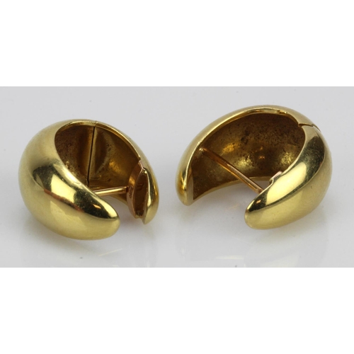 949 - Pair of yellow gold (tests 18ct) contemporary hoop earring, length approx. 24mm, hinged with post fi... 