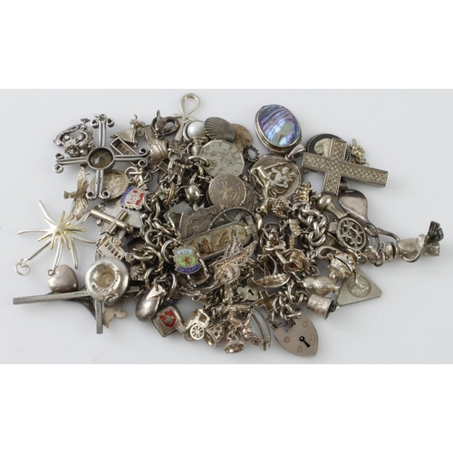 954 - Assortment of silver/white metal charm bracelets and loose charms/pendants, total weight 326.3g.