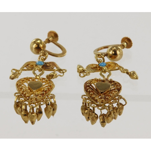 961 - Pair of yellow gold (tests 18ct) filigree drop earrings, set with one blue hardstone in each earring... 