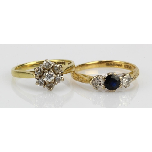 965 - Two 18ct gold rings, stones include diamond and sapphire, finger sizes I/J, L, total weight 5.1g.