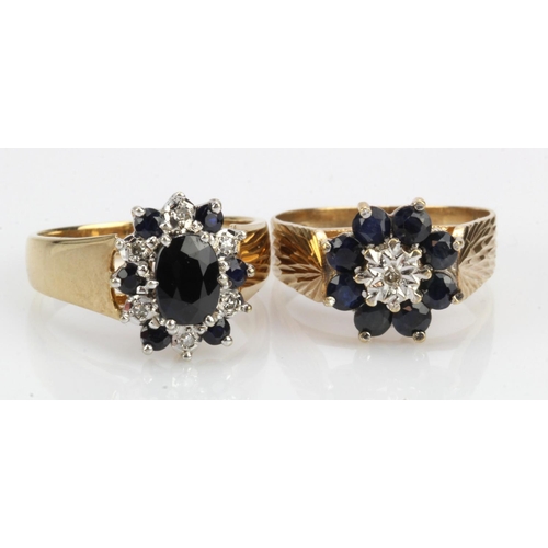 967 - Two 9ct gold diamond and sapphire cluster rings, finger sizes O/P and P, total weight 8.2g.