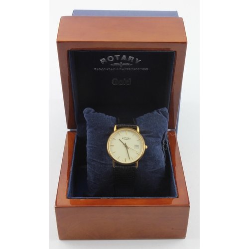 97 - Rotary 18ct yellow gold cased modern gents quartz wristwatch. The cream dial with baton hour markers... 