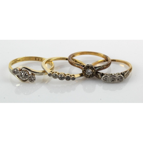 976 - Four yellow gold (tests 18ct) diamond rings, finger sizes L/M, M, P ,Q, total weight 8.6g.