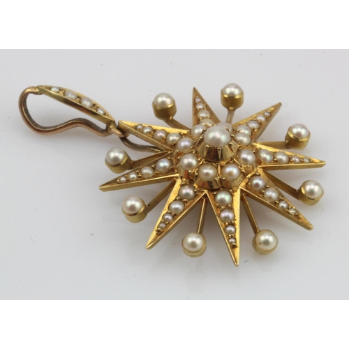 981 - Yellow gold (tests 15ct) Victorian star burst pendant, set with graduating split pearls, removable p... 