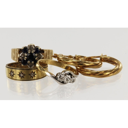 993 - Assortment of 9ct gold/tests 9ct jewellery, one pair of hooped earrings, three rings, stones include... 