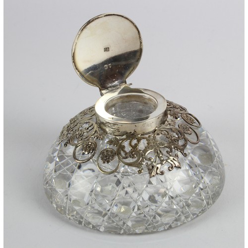 521 - Victorian silver mounted cut glass inkwell, hallmarked 'SJ, London 1895', missing liner, diameter 13... 