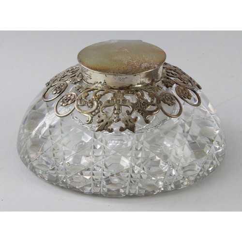 521 - Victorian silver mounted cut glass inkwell, hallmarked 'SJ, London 1895', missing liner, diameter 13... 