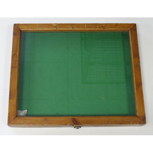 1033 - Collectors / Dealer wooden display case, glass fronted display case.  (Buyer must collect)