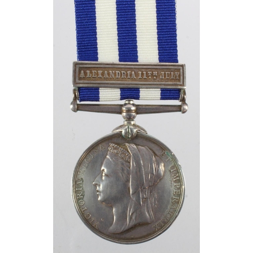 1083 - Egypt Medal dated 1882 with Alexandria 11th July, named (H J Bartlett AB HMS Temeraire). With resear... 