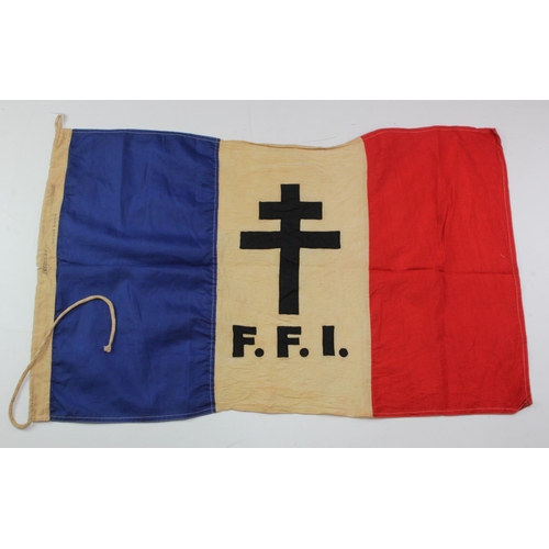 1100 - France a Free French FFi flag, 3 feet long, 1944 dated, service wear.