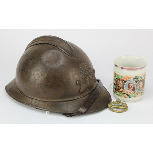 1106 - French WW1 Artillery Helmet, fine example with six panel leather liner, with soldiers name 'Feraud'.... 