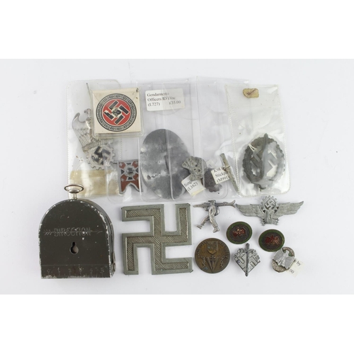 1120 - German 3rd Reich badges, pin badges, ID Tag, large swastika possibly removed from a banner top ? Cas... 