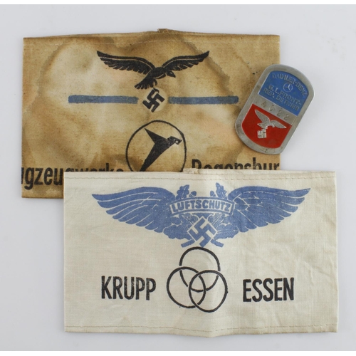 1208 - German Luftwaffe Factory armbands and a Mercedes Benz workers badge.