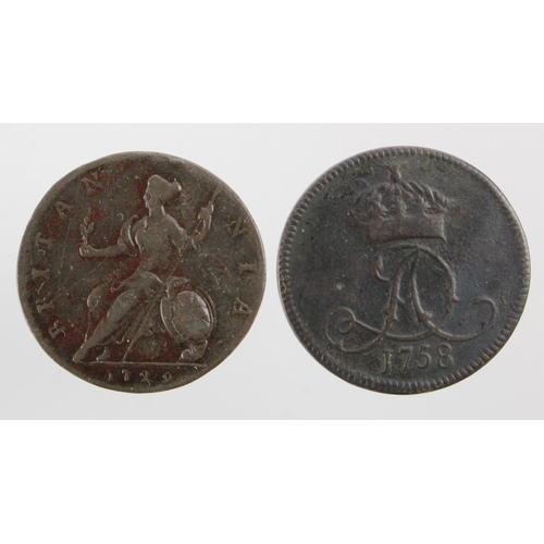 122 - GB & Isle of Man copper (2): George II Halfpenny 1729, stop, VF, and Isle of Man Halfpenny 1758, VF.