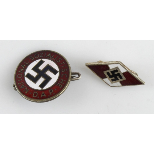 1222 - German National Socialist Party DAP badge with Hitler youth enamelled badges.