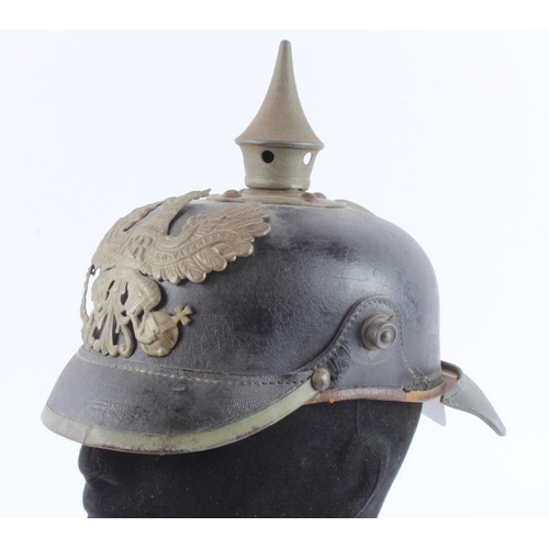 1238 - German Prussian pickelhaube, with badge, leather sweat band, and unit marked. But in relique state. ... 