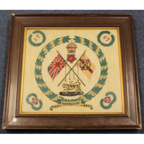 1344 - Hampshire Regiment cWW1 large framed tapestry, a Hampshire Regt swagger stick and a large box full o... 