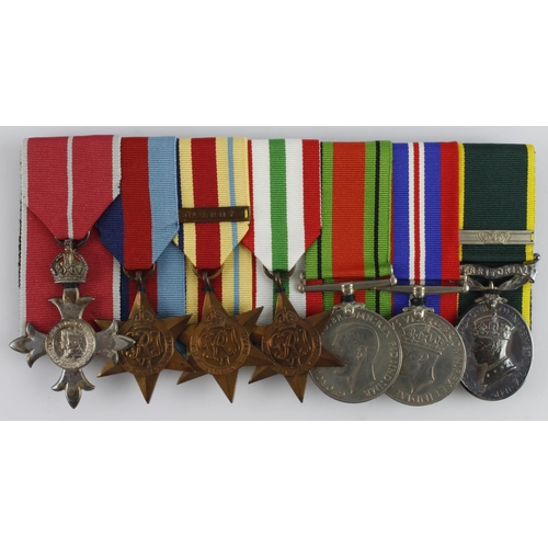 1404 - MBE (Mily), 1939-45 Star, Africa Star with 8th Army clasp, Italy Star, Defence & War Medal, GVI Effi... 