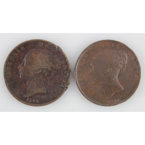 146 - Pennies (2): 1843 Fine, edge knocks, and 1849 damaged Fair. Both rare dates.