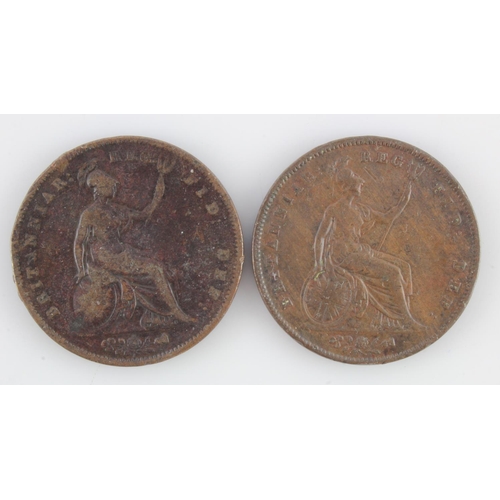 146 - Pennies (2): 1843 Fine, edge knocks, and 1849 damaged Fair. Both rare dates.