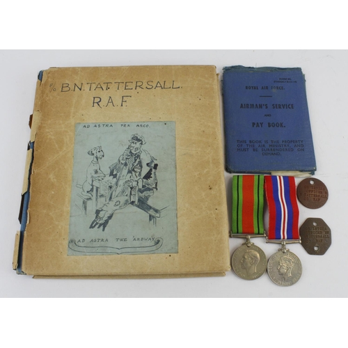 1504 - RAF pilots log book, documents, ID tags, RAF pay book, medals, service jacket with Kings crown pilot... 