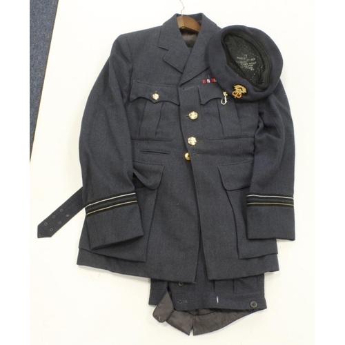 1505 - RAF post WW2 navigators uniform jacket, trousers and two hats with WW2 medal bar possibly polish.