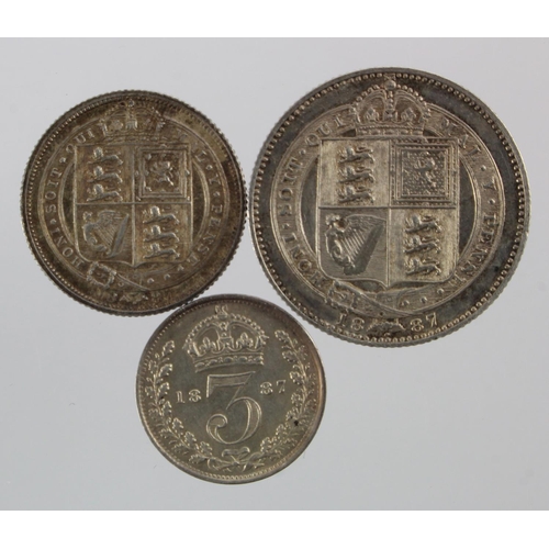 156 - Queen Victoria, Jubilee silver (3): Shilling, Garter Sixpence and Threepence 1887, EF