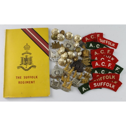 1574 - Suffolk Regt interest - selection of Cap Badges, cloth shoulder titles, Suffolks, and Suffolk and No... 