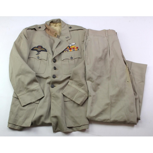 1607 - USAF 1950's khaki summer tunic and trousers, full colonels tunic with RAF qualified wings and senior... 