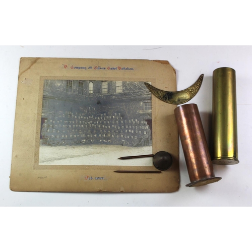 1654 - WW1 1916 shell case, Boer war shell case etched, WW1 Officer cadet battalion large photo, 1917 fuse ... 