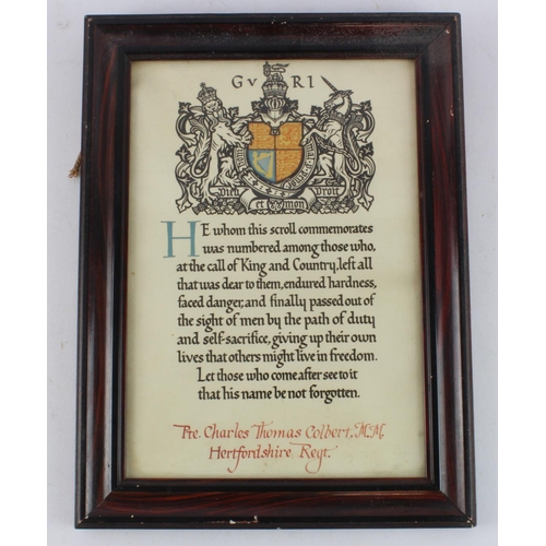 1670 - WW1 Casualty Scroll for 17113 Pte Charles Thomas Colbert Hertfordshire Regt. Awarded the Military Me... 