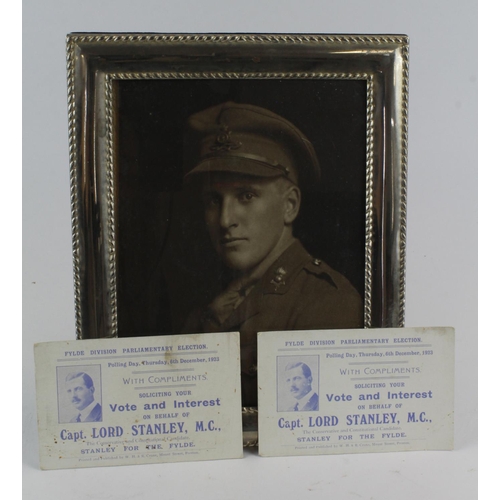 1678 - WW1 framed photo of Capt Lord Stanley MC with two Fylde election polling day 6-12-1923 named cards.