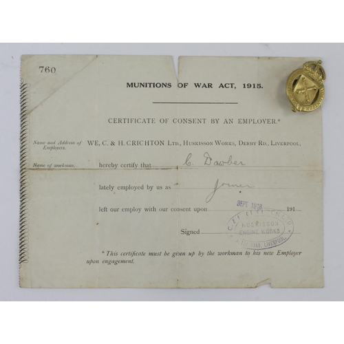 1709 - WW1 munition workers badge with award document.