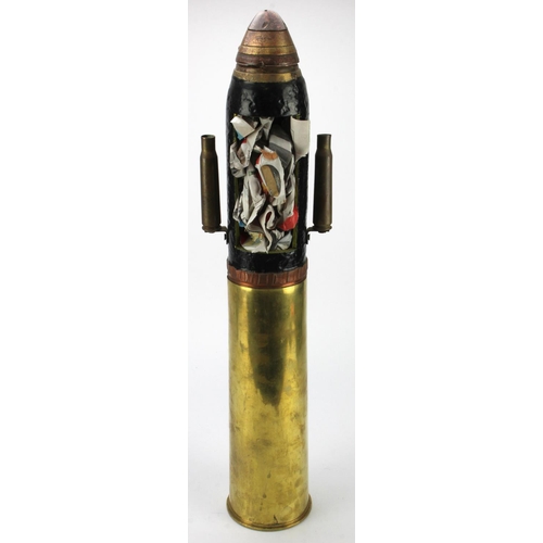 1739 - WW1 Trench Art a 1917 dated 18 pounder brass shell case & head, this with cut out Religious icon.