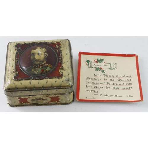 1745 - WW1 Xmas 1914 Cadbury Bros Ltd gift tin for the Wounded Soldiers and Sailors. Tin with original card