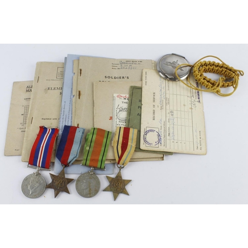 1747 - WW2 1939-45 star, Africa star, Defence and War medal with selection of soldiers service documents et... 