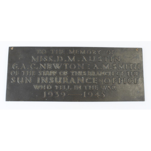 1766 - WW2 bronze memorial plaque relating to three employees for the Sun Insurance office Miss Doris Maria... 