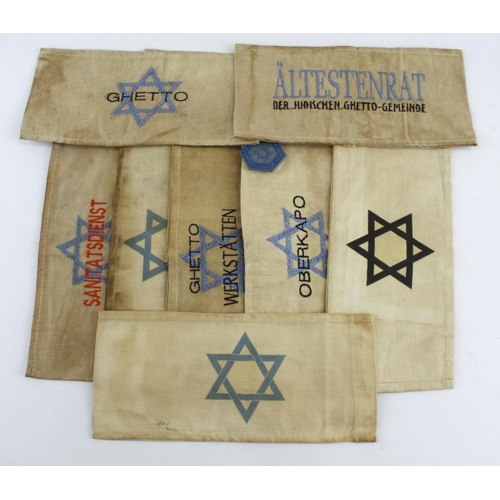 1769 - collection of eight arm getto arm bands all different some with age staining with a Jewish lapel bad... 