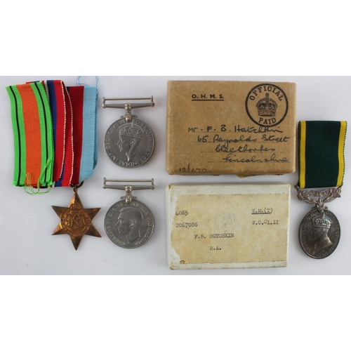 1833 - WW2 group for 2067086 W.O.CL.2. F B Hotchkin RA. Medal in original boxes, lived Cleethorpes. 1939-45... 