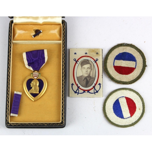 1858 - WW2 original cased US Army Purple Heart medal patches and sweetheart soldiers mirror / photo.  (no r... 