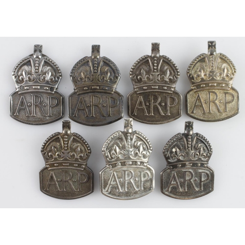 1874 - WW2 silver hallmarked ARP lapel badges, one with a replacement slider.  (7)  a/f