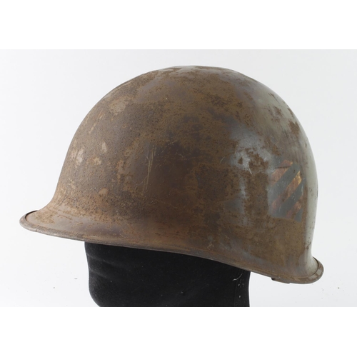 1879 - WW2 US Army 3rd Infantry Division Helmet. A swivel bale example retaining a flash of the blue and wh... 